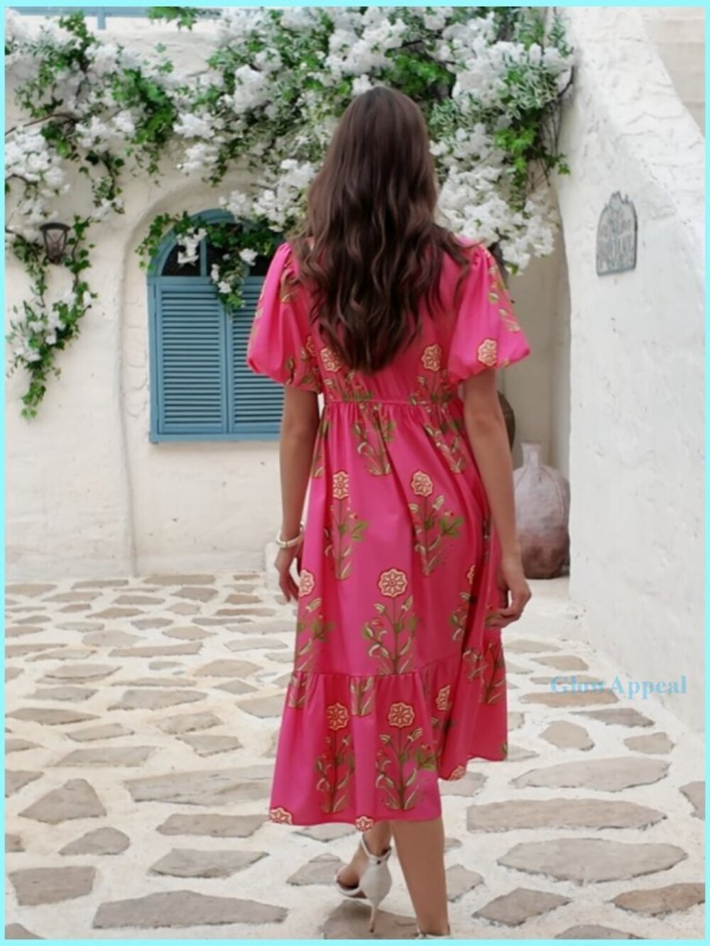 Summer Maxi Dress Floral Print A-Line Puff Sleeve V-Neck Boho Beach - Picture 7 of 7